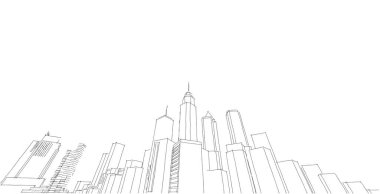 Modern şehir panorama 3d illüstrasyon, Cityscape skeç, Metropolis 3D gökdelen çizimi, mimari arka plan