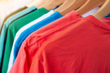 Giysi rafındaki moda tişörtü - Dolaptaki ahşap askılarda parlak renkli dolabın kapatılması