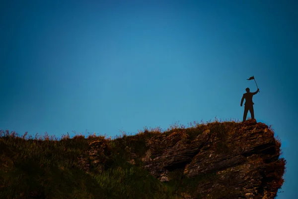 Silhouette Man Mountain Top Sky Sun Light Background Business Success — Stock Photo, Image