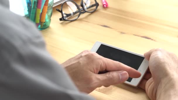 Businessman Grey Shirt Slide Zoom Touch Monitor Horizontal Smartphone Home — Stock Video
