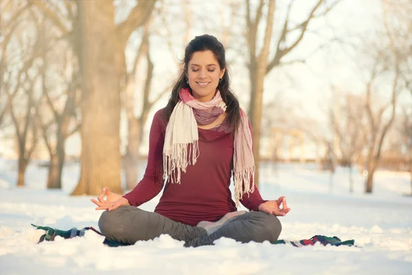 Attraente donna mista che fa yoga in natura durante l'inverno — Foto Stock