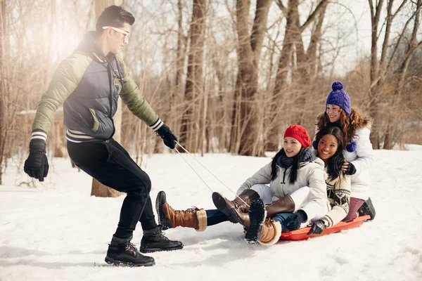 Group of friends enjoying pulling a sled in the snow in winter — Stock Photo, Image