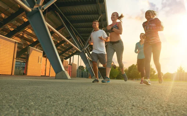 Vrouw haar smartwatch programmeersyntaxis gaan joggen voor het bijhouden van prestaties — Stockfoto