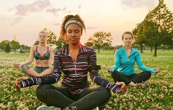 Bir yoga sınıfına günbatımında doğa parkında önde gelen Afrikalı-Amerikalı genç kadın