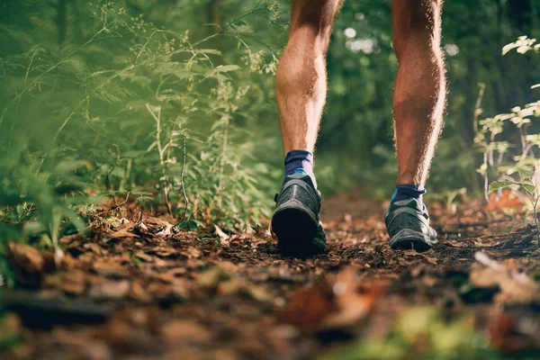 Muscular calves of a fit male jogger training for cross country forest trail race in nature park. — Stock Photo, Image