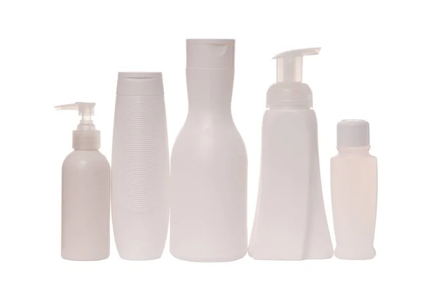 Cosmetic  tare, white bottles for  shampoo and hair conditioner; — Stock Photo, Image