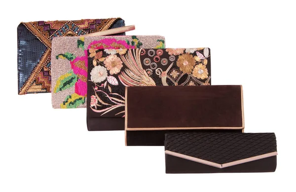 Sortiment ženské kabelky, zobrazení okna a módní clutc — Stock fotografie