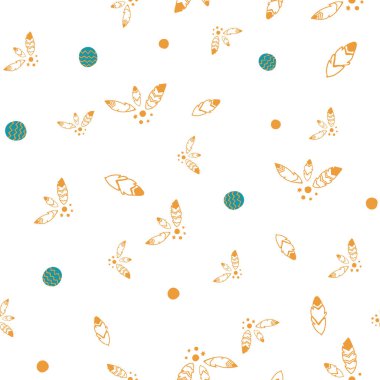 Vektör bohem noel yıldızları ve tüyler, turkuaz toplar, beyaz arka plan kusursuz tekrarlama deseni.