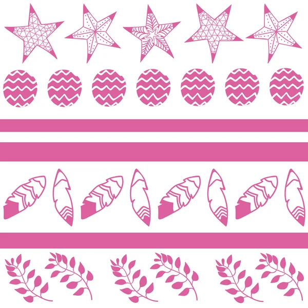 Vector bohemian christmas pink stars, feathers, balls and branches, stripes, white background seamless repeat pattern. — Stock Vector