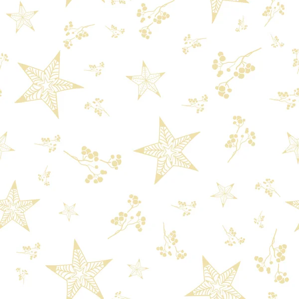 Vector bohemian christmas golden stars and branches, white background seamless repeat pattern — Stock Vector