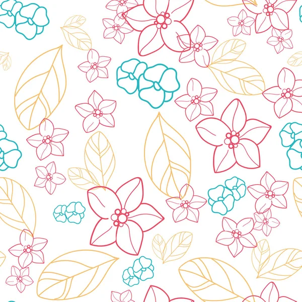 Vector orange blossom with red, turquoise flowers and leaves, white background, seamless pattern. — Stock Vector
