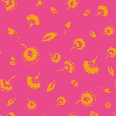 Renkli turuncu çiçekleri ve yaprakları, pembe arka planı olan saykodelik halk modeli.