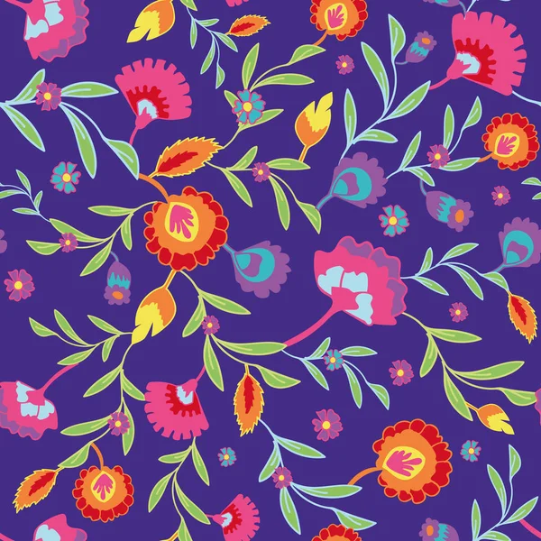 Vektor psychedelischen Folk nahtlose Muster mit bunten ethnischen Blumen und Blättern, grün orange rot gelb und blau Hintergrund — Stockvektor