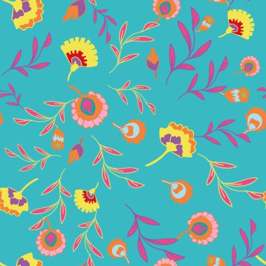 Renkli etnik çiçek ve yaprakları, turuncu kırmızı sarısı ve turkuaz arkaplanı olan saykodelik halk modeli..