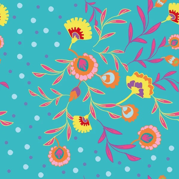 Vektor psychedelischen Folk nahtlose Muster mit bunten ethnischen Blumen, Blättern, Punkten, orange gelb und türkis Hintergrund — Stockvektor