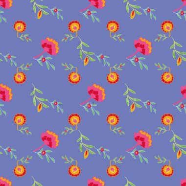 Renkli etnik çiçek ve yaprakları, turuncu, yeşil, kırmızı ve mor arkaplanı olan saykodelik halk modeli