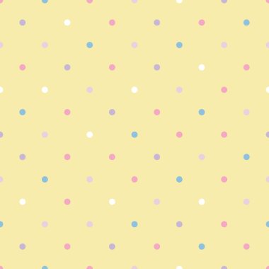 Beyaz, mavi, pembe, mor benekli ve sarı arkaplanlı vektör desensiz gökkuşağı