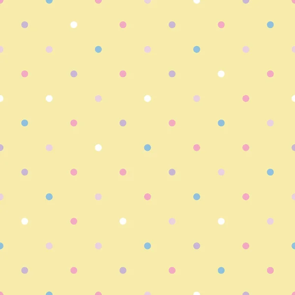 Modèle vectoriel sans couture arc-en-ciel pastel avec des pois blancs, bleus, roses, violets et fond jaune — Image vectorielle
