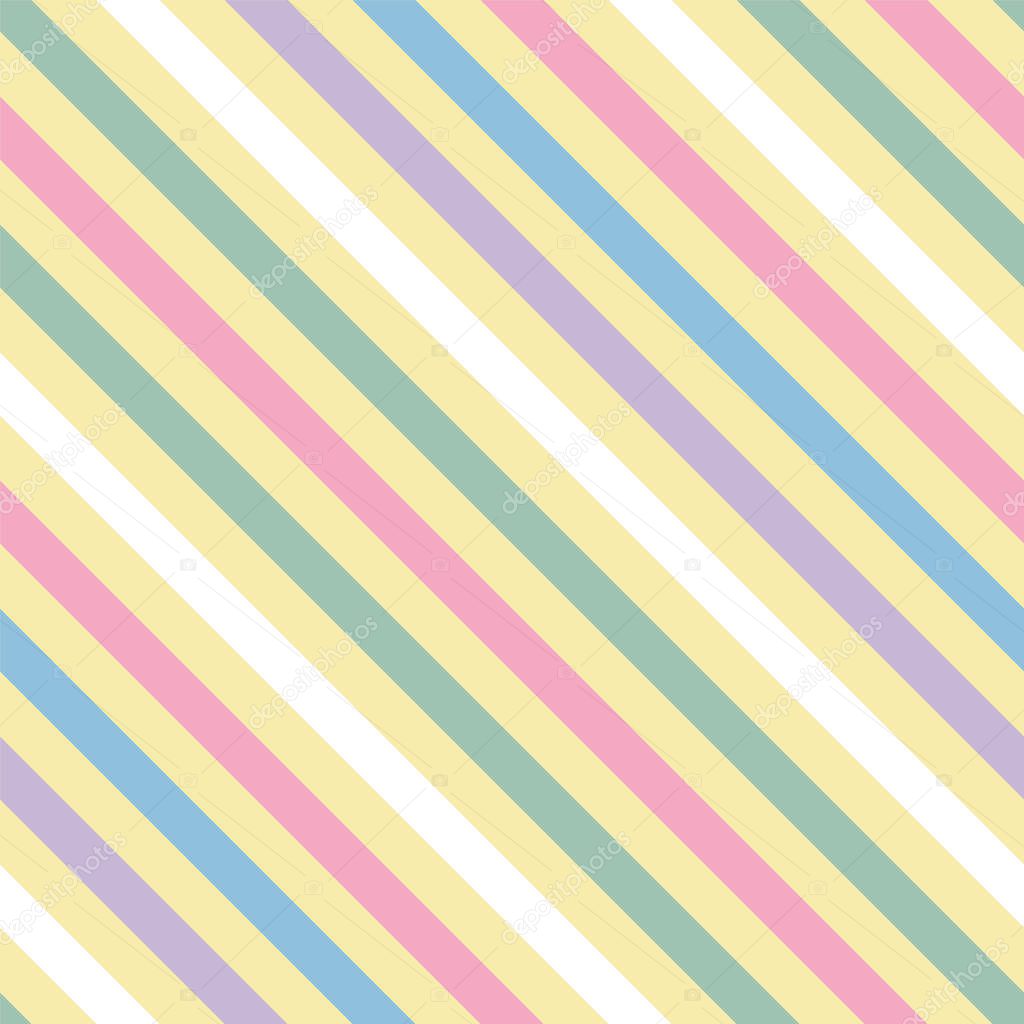 Vector seamless pattern pastel rainbow with yellow, pink, blue, green, white diagonal stripes.