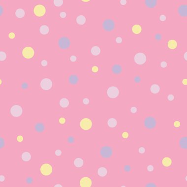 Vector seamless pattern pastel rainbow with purple, pink, yellow polka dots and pink background clipart