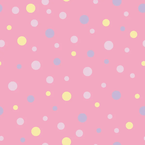 Vector seamless pattern pastel rainbow with purple, pink, yellow polka dots and pink background — 스톡 벡터