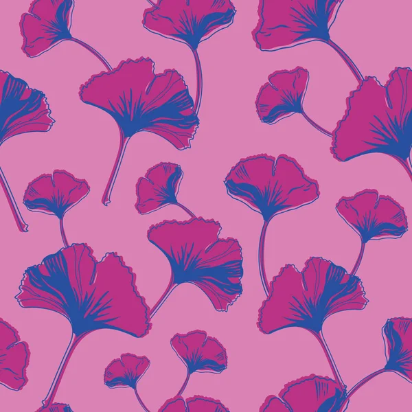Vector seamless pattern ginko wax with purple, blue ginkgo leaves and pink background — 스톡 벡터