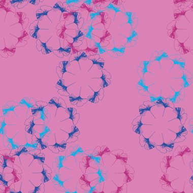 Mavi ve turkuaz ginkgo yapraklı ve pembe arkaplanlı vektör desensiz ginko cilası