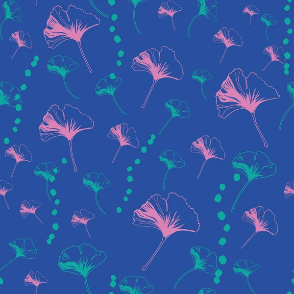 Patrón sin costura vectorial cera de ginko con hojas de ginkgo rosa, puntos turquesas — Vector de stock