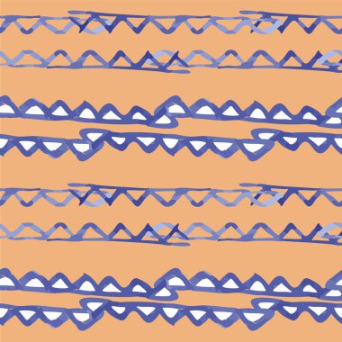 Vector seamless pattern ethnic indigo watercolor with white and blue triangles and ocher yellow background. clipart