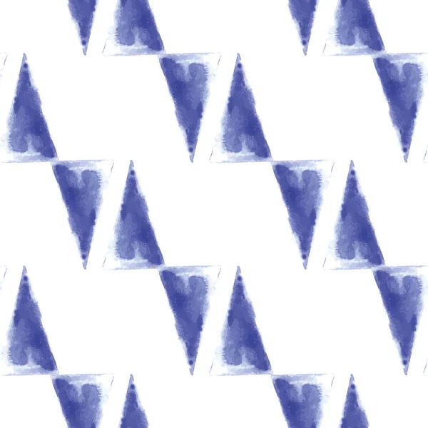 Vector naadloos patroon etnische indigo aquarel met blauwe driehoeken en witte achtergrond. — Stockvector