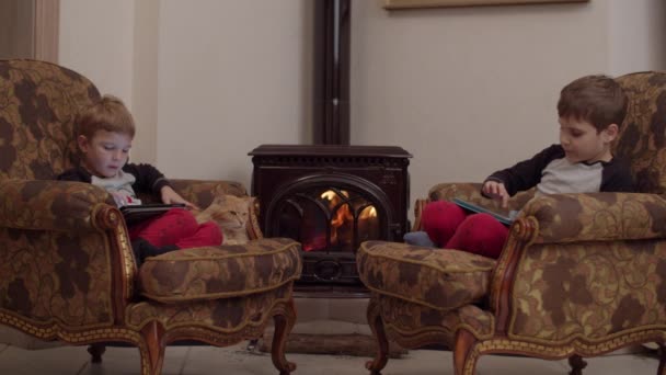 Dwóch chłopców w piżamie świątecznej siedzi w przytulnych fotelach z czerwonym kotem i surfuje online w gadżetach przy kominku w zwolnionym tempie. — Wideo stockowe