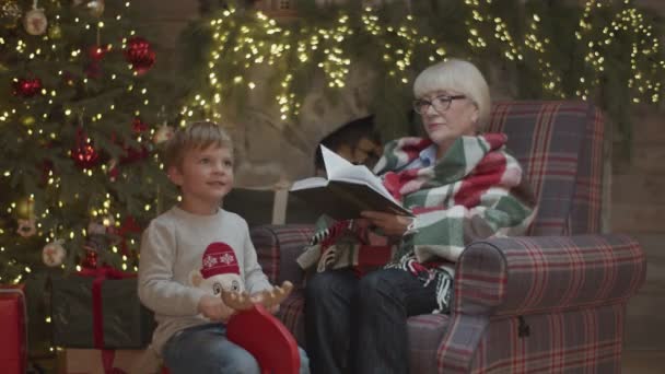 Blondynka babcia w kocu siedzi w fotelu przy choince i czyta książkę z wnukiem jadącym drewnianym koniem z przodu w zwolnionym tempie. — Wideo stockowe