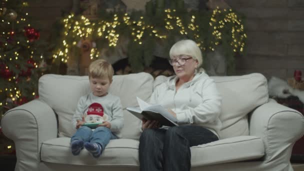 Senior loira fêmea em óculos de leitura livro de papel com neto assistindo desenhos animados on-line sentado no sofá na véspera de Natal em câmera lenta . — Vídeo de Stock