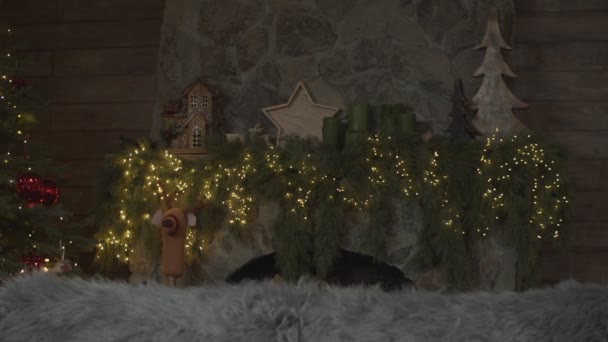 Διακοσμημένο με λαμπερά φώτα, κεριά, δέντρα και αστέρια Χριστουγεννιάτικο τζάκι με ξύλα μέσα σε αργή κίνηση. — Αρχείο Βίντεο