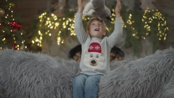 Niño jugando con juguete de cachorro suave en el sofá gris en la decoración de Navidad en cámara lenta. Niño lanzando y la captura de juguete husky . — Vídeo de stock