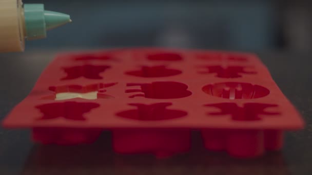 Battre dans l'injecteur de crème versant dans un plat de cuisson en silicone rouge de formes animales. Cuisson de biscuits sans gluten et sans sucre. Biscuit au pain d'épice . — Video