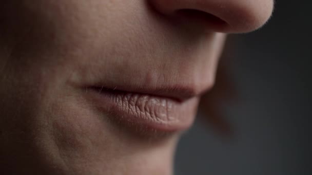 Macro close-up van beige lippenstift aanbrengen op vrouwelijke lippen in slow motion. vrouw rouging beige lippenstift. — Stockvideo