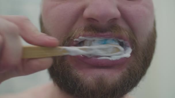 Лысый бородатый мужчина чистит зубы бамбуковой зубной щеткой, глядя в камеру. Мужская утренняя рутина в светлой ванной комнате . — стоковое видео