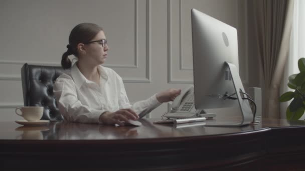 Ung affärskvinna som pratar i telefon. Brunett arbetar vid skrivbord med bildskärm sittande i fåtölj på kontorshotell. — Stockvideo