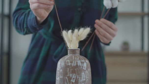 Frauenhände organisieren Baumwollblumen in einer Vase in einer minimalistischen Wohnung. Trockenpflanzen in der Vase. — Stockvideo