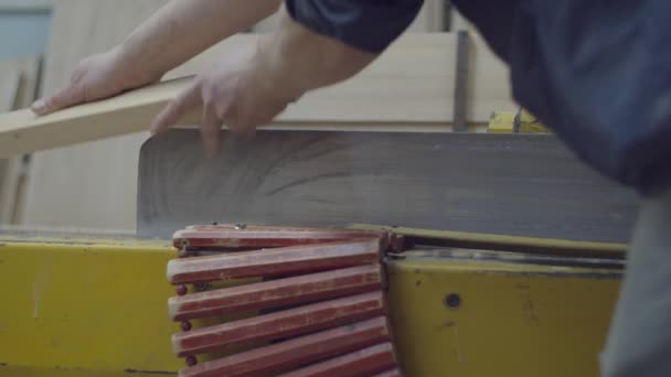 Woodworker male hands holding timber and taking to woodworking machine. Carpentry workshop processes. Wooden furniture manufacturing — ストック動画