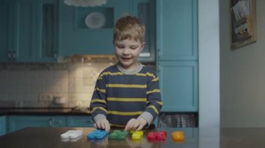 Blonde preschooler boy sorting plastic caps by colors in rows at home kitchen. Kid putting hands up when done. 