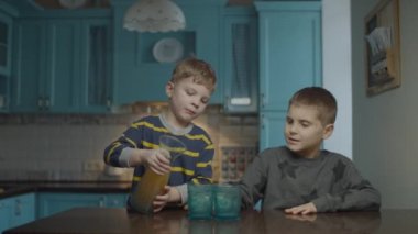 Two boys drinking apple juice from glasses on kitchen. Younger brother pouring juice from carafe into glasses. Siblings at home. 