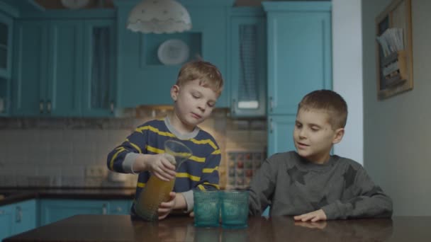 Dois rapazes a beber sumo de maçã de copos na cozinha. Irmão mais novo derramando suco de garrafa em óculos. Irmãos em casa . — Vídeo de Stock