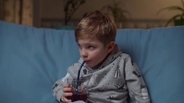 Närbild av förskolekillen dricka juice sitter på mysig soffa på kvällen. Kid dricka blåbärsjuice med icke-plast halm på soffan hemma. — Stockvideo