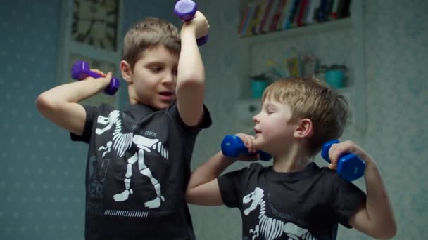 Due ragazzi che fanno complessi di esercizi di fitness a casa. I bambini prendono in giro mentre fanno sport a casa con i manubri al rallentatore. Ritratto di fratelli . — Video Stock