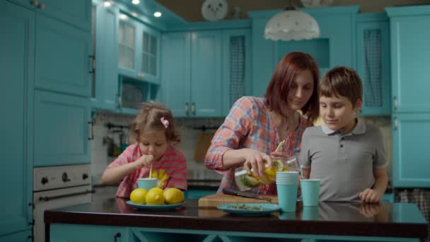 Junge Mutter mit zwei Kindern, die hausgemachte Limonade trinkt, steht zu Hause auf blauer Küche. Mutter mit Sohn und Tochter trinken Glas Zitronengetränk mit Papierstroh. — Stockvideo