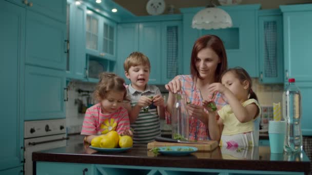 Familia con tres hijos haciendo limonada casera de limones, menta y refrescos. Madre joven cocinando con los niños en la cocina azul en casa — Vídeos de Stock