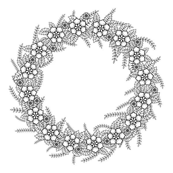 Round flower wreath.Drawing in the style of Doodle.Black and white image .Flower coloring.Round frame of flowers.Suitable for postcards and invitations.Vector illustration