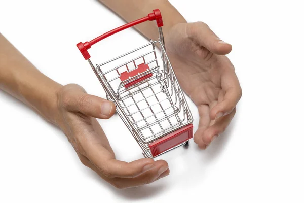 Ruce, které chrání miniaturní nákupní košík — Stock fotografie